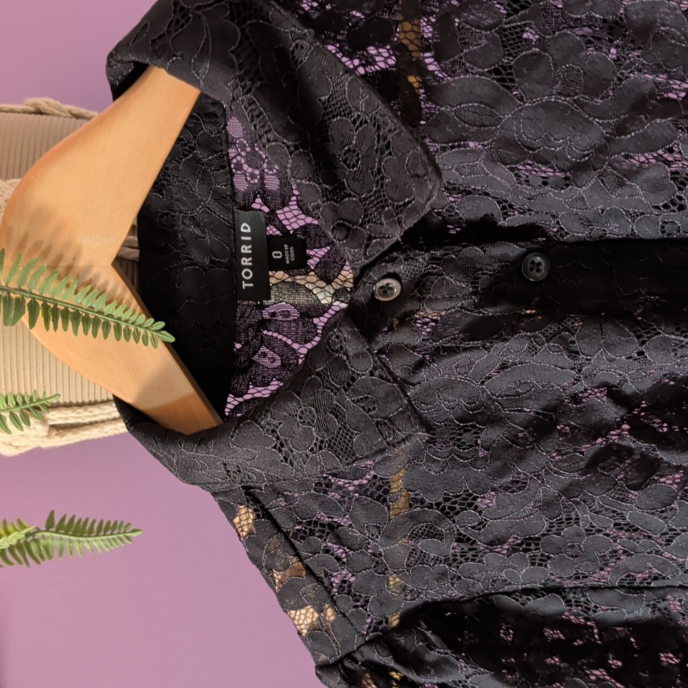 Black Stretch Lace Button Up Top - Picture 4 of 4